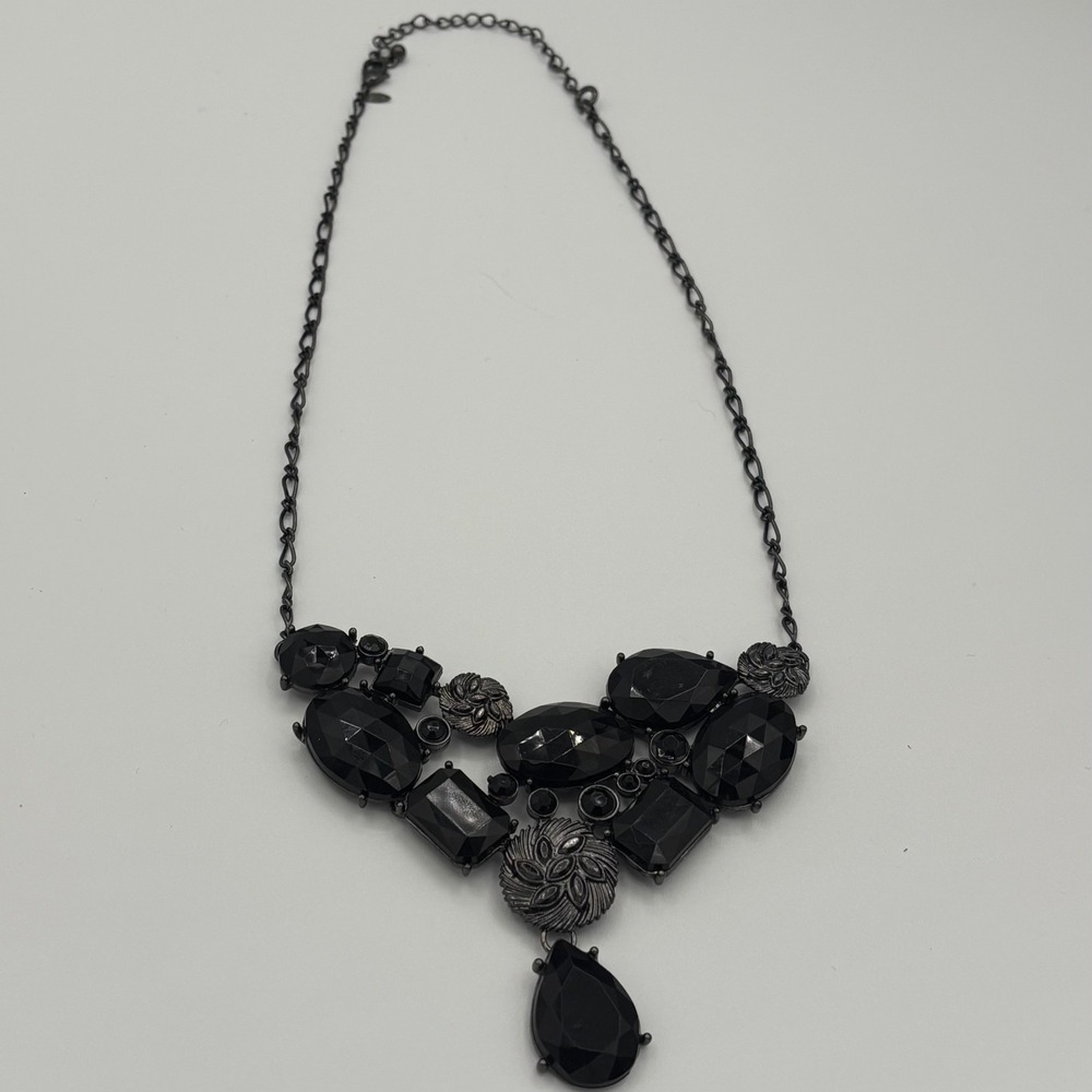 Avon Necklace Statement Bib Womens Black Goth Faceted Resin Gunmetal